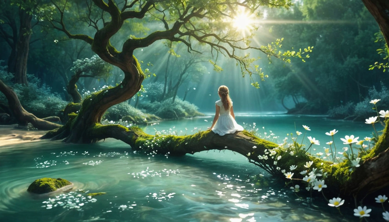 Child in White Dress Sits on Branch Over Teal Blue Water in ...