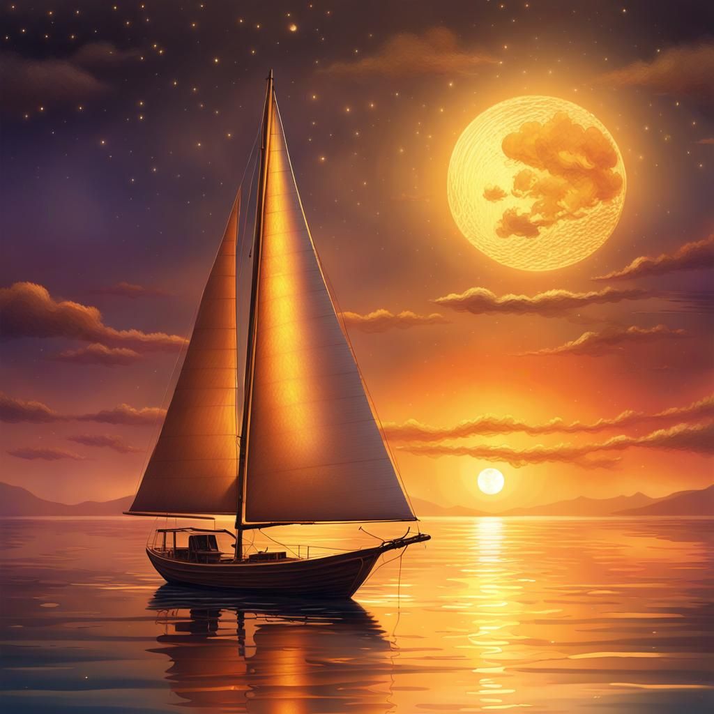 Golden Moonlit Sailboat on Calm Waters