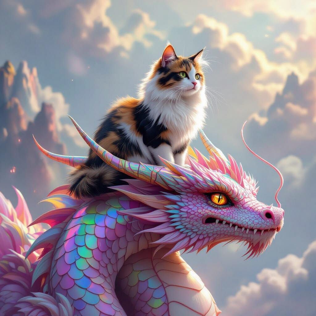 Fluffy Cat on Iridescent Pink Dragon