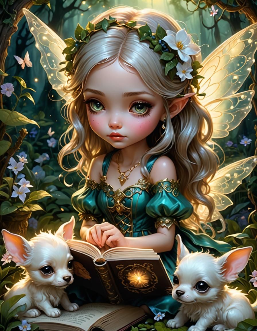 Enchanting Fairy Reads to Puppy in Whimsical Garden