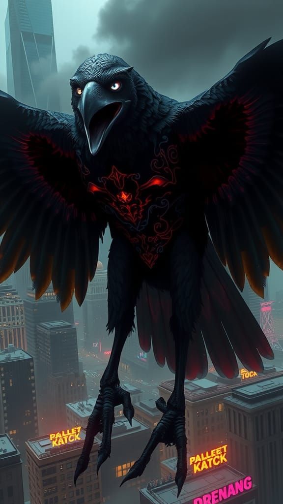 Tattooed Raven Creature in Noir Cityscape