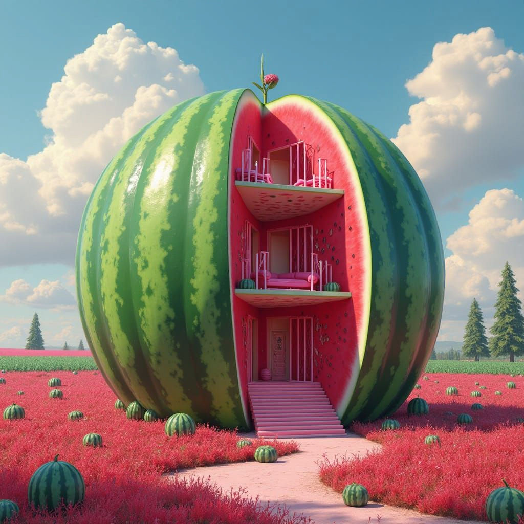 Giant Watermelon House in Dreamlike Forest, Fantasy Art