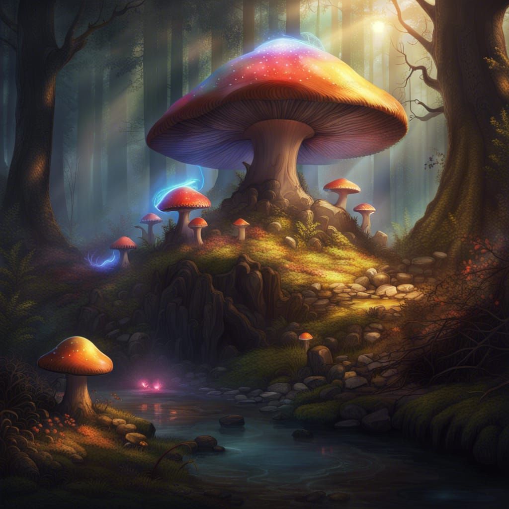 Enchanted Forest with Mushroom Fairy Houses