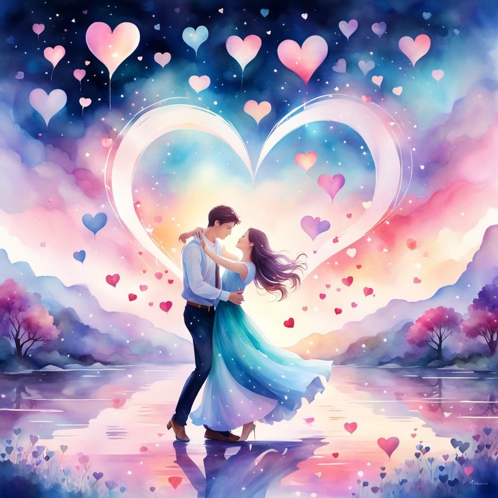Romantic Couple Dancing in Mystical Watercolor Painting