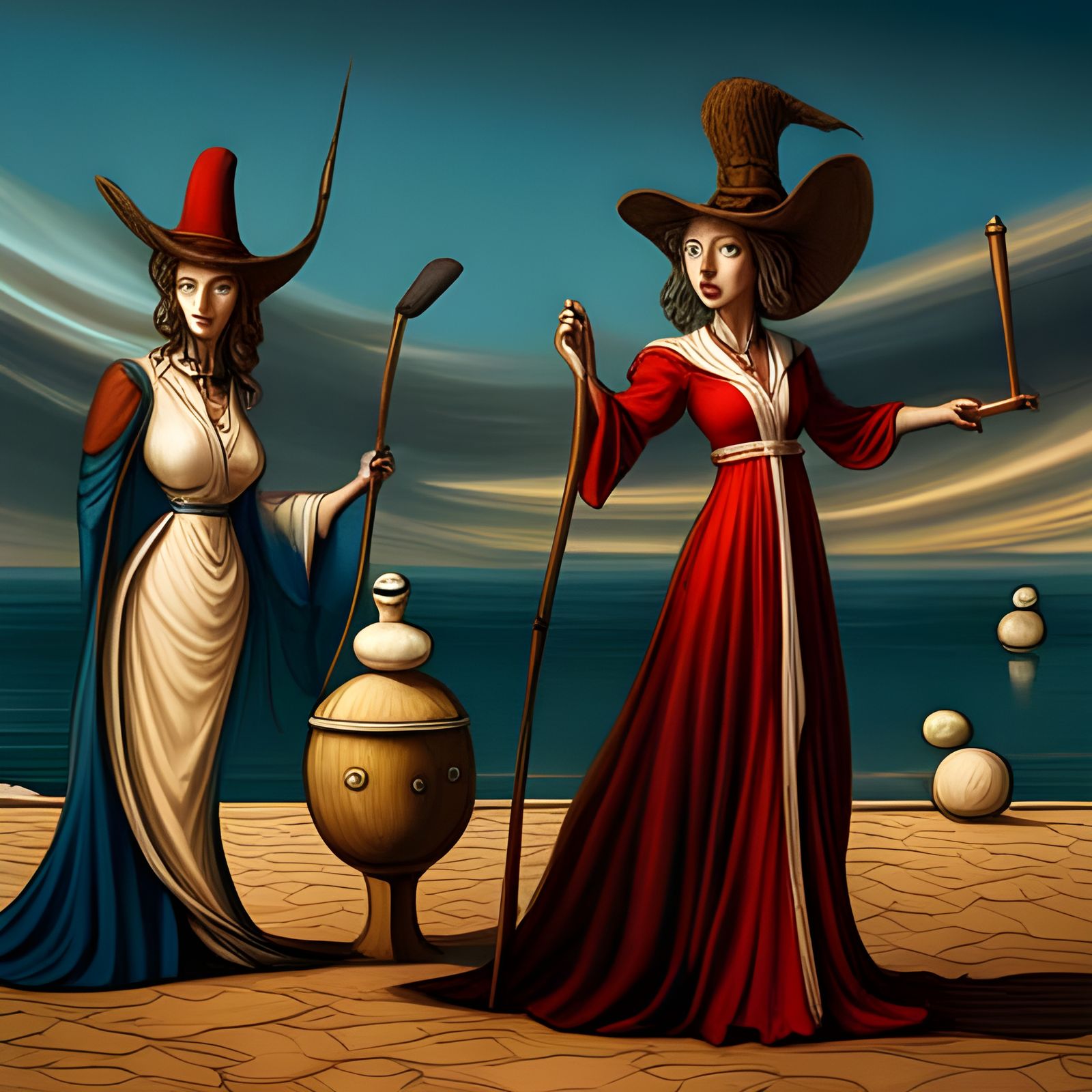 Medieval Witches in Retro-Surreal Style