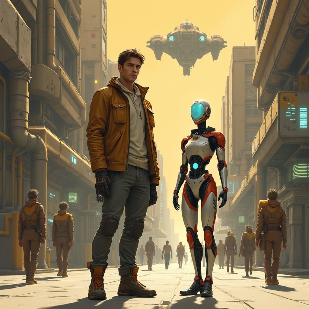 Cyberpunk Hero Stands Beside Attentive Robot on a Futuristic...