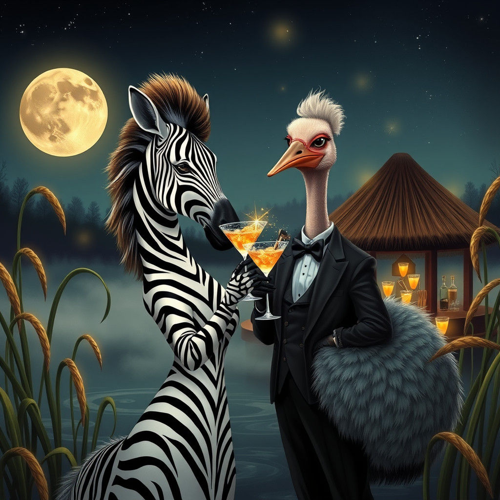 Romantic Swamp Bar Scene in Chagall-Klimt Style