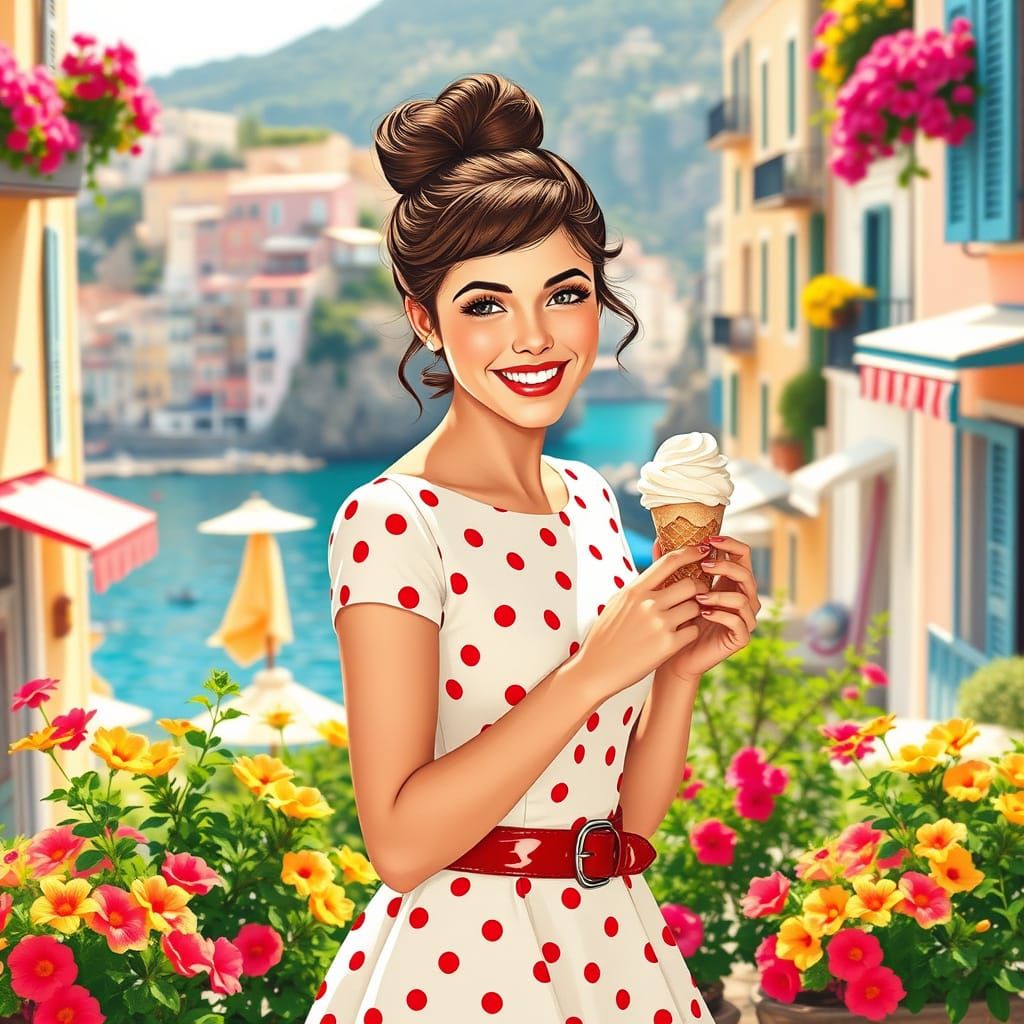 Sultry Italian Woman Enjoys Gelato in Vibrant Positano