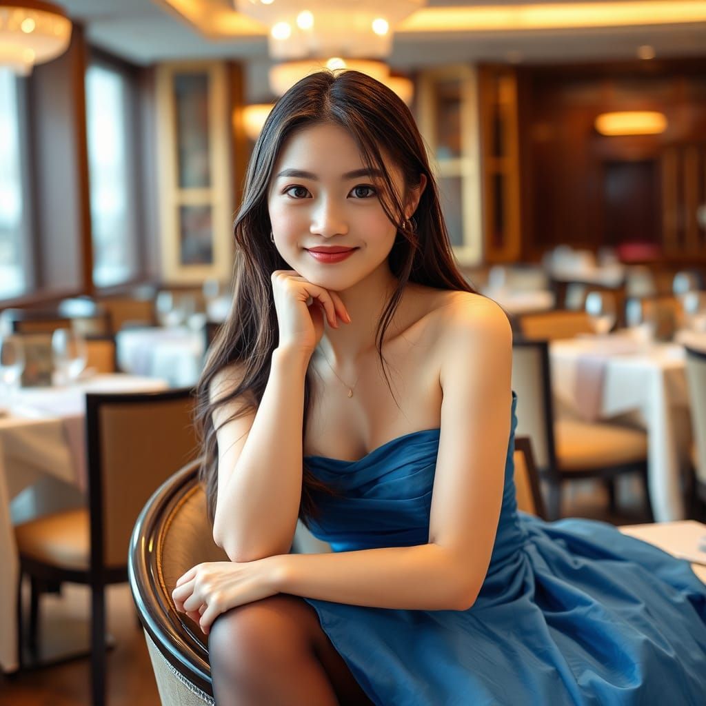 Elegant Chinese Girl in Blue Gown Portrait