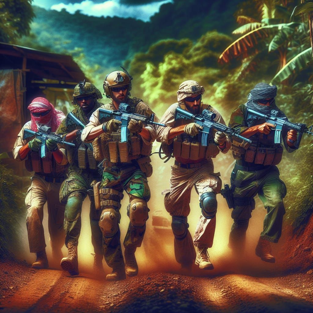 Hyperrealistic Soldiers Maneuvering Down Dusty Road