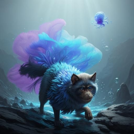 Dog, Cat, Monkey, and Chick Hybrid with Bubbles