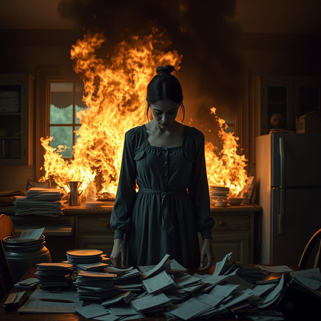Distraught Woman Amidst Fire and Unpaid Bills