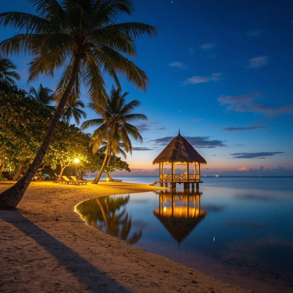 Tropical Beach at Dusk with Gazebo and Palm Trees