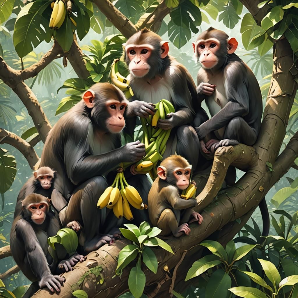 Monkeys Enjoying Bananas in Lush Anime Forest
