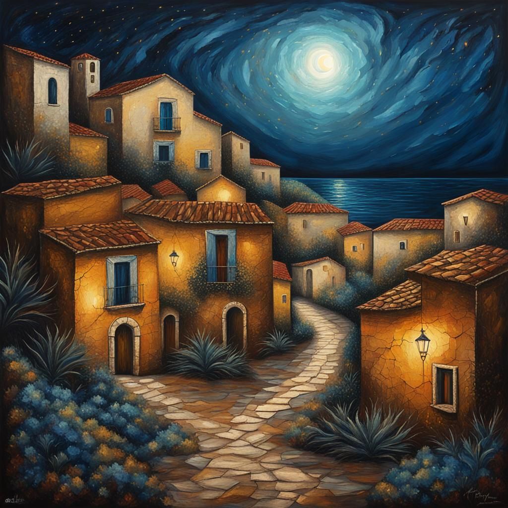 Mediterranean Town Acrylic Painting under Starry Moonlight