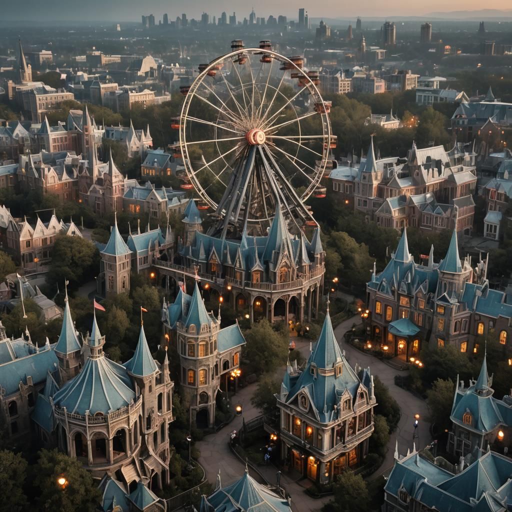 A detailed map of a horror theme park filled with haunted ho...