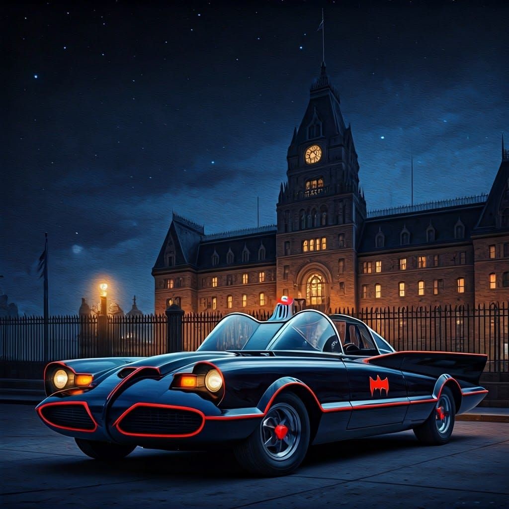 Vintage Batmobile Oil Painting Under Starry Sky