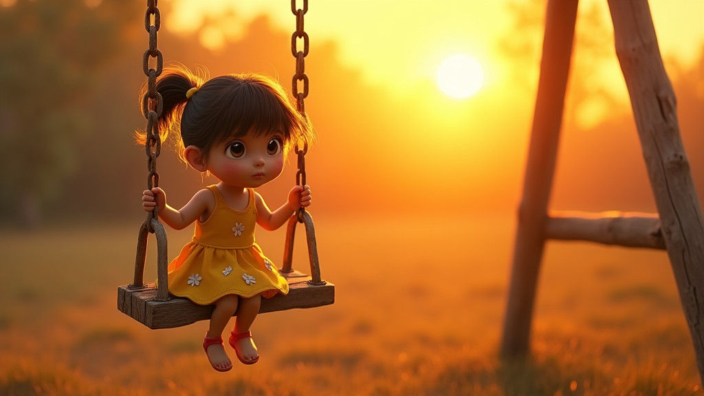 Child on Swing at Sunset in Pixar Style