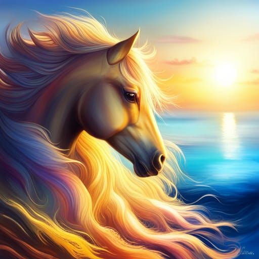 Golden Horse on Coast in Digital Painting Style