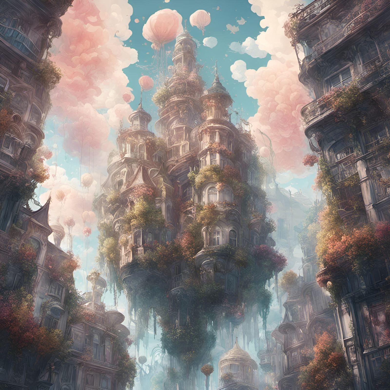 Fairytale Art Nouveau City Floating in Clouds