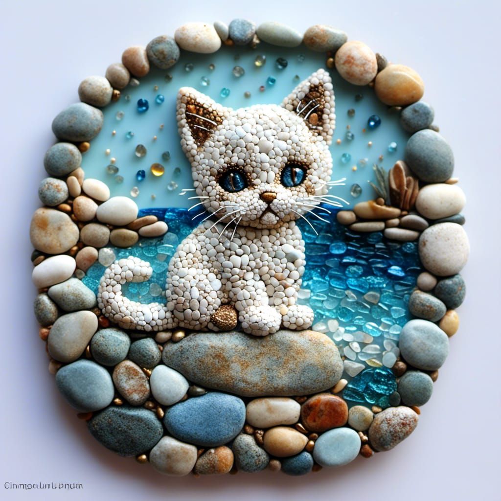 Shimmering Pebble Art Kitten by the Sea