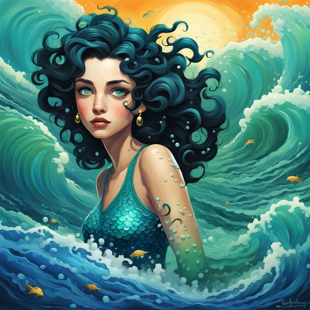 Betty Boop Mermaid with Azure Ocean Waves