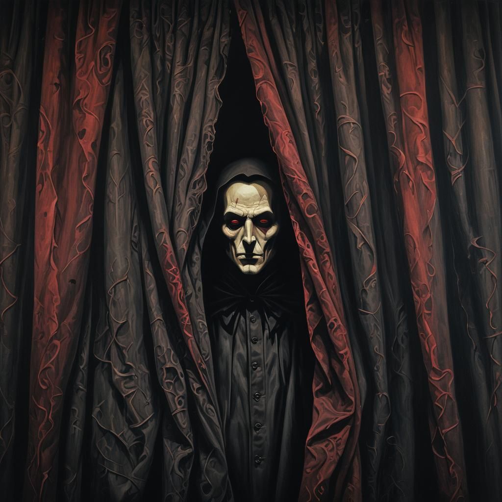 Sinister Figure Behind Theater Curtain in Dark Fantasy Art