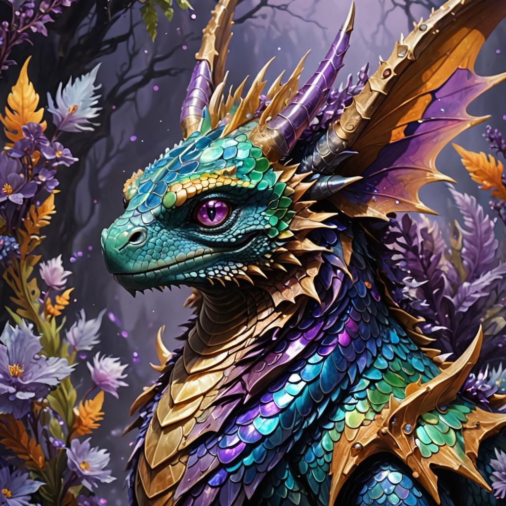 Iridescent Dragon-like Creature with Opalescent Feathers