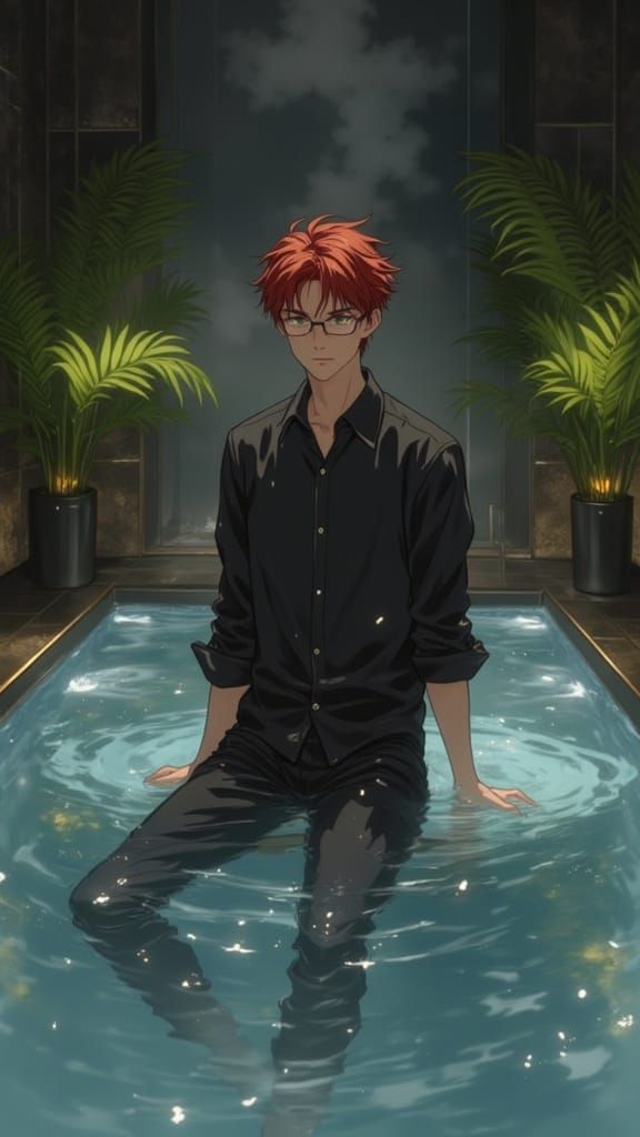 Red-Haired Man Immersed in Steaming Hot Spring