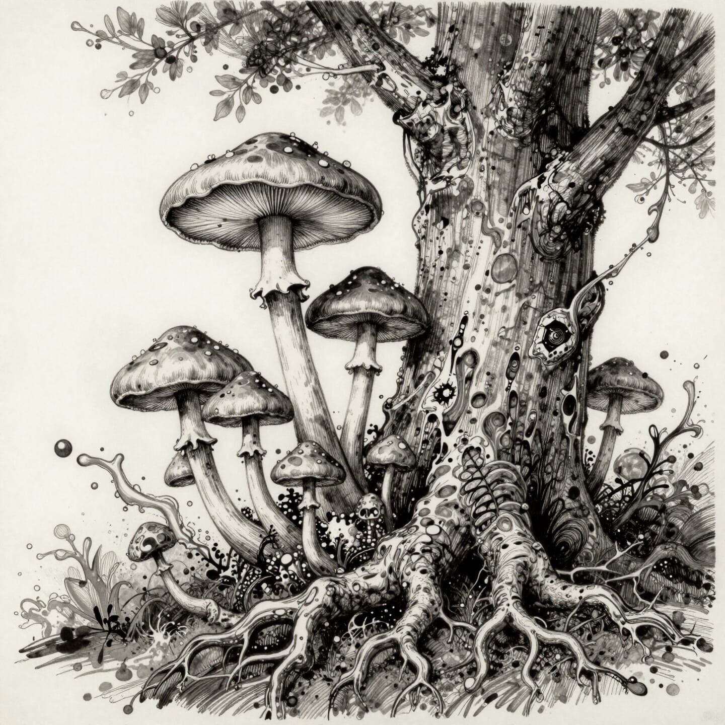 Elegant Alien Mushrooms with Armond Eyes in Ink Art Style