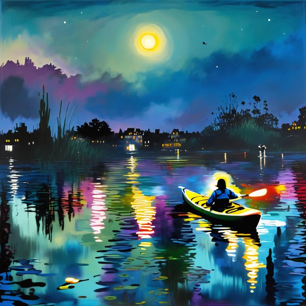 Kayaking at Twilight in Impressionistic Style