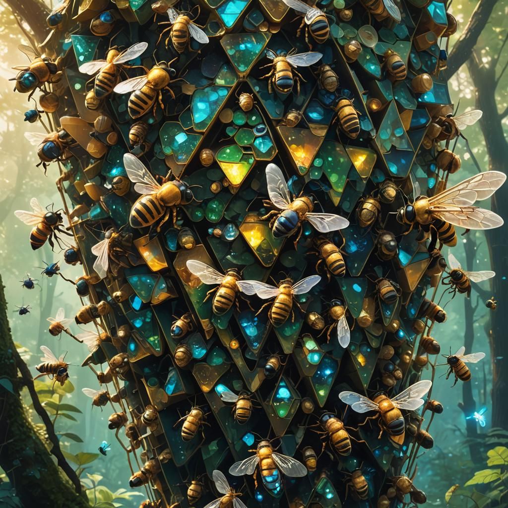 Triangle Bees Hovering Above Crystal Hive
