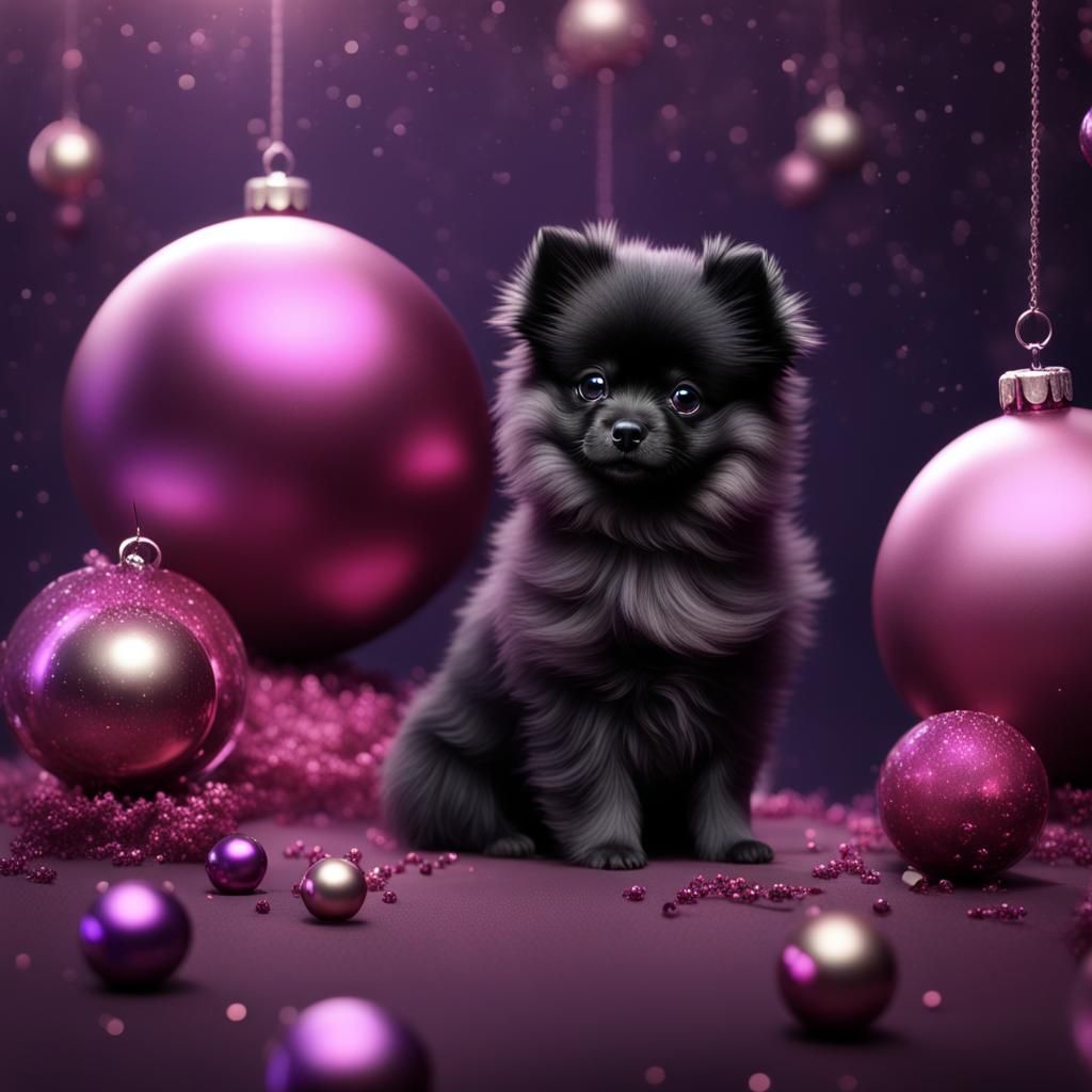Pomeranian Puppy Surrounded by Christmas Ornaments