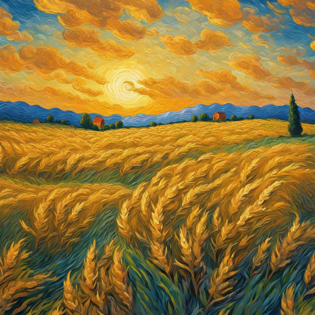 Wheat Field Under Swirling Sky, Neo-Impressionist Oil Painti...