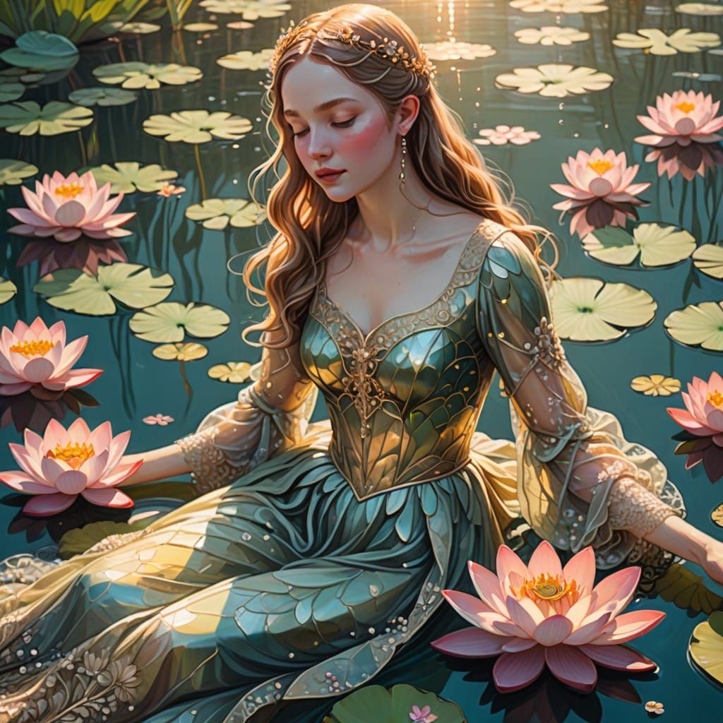 Ophelia in Lake with Lotus Blooms: Fairytale Illustration