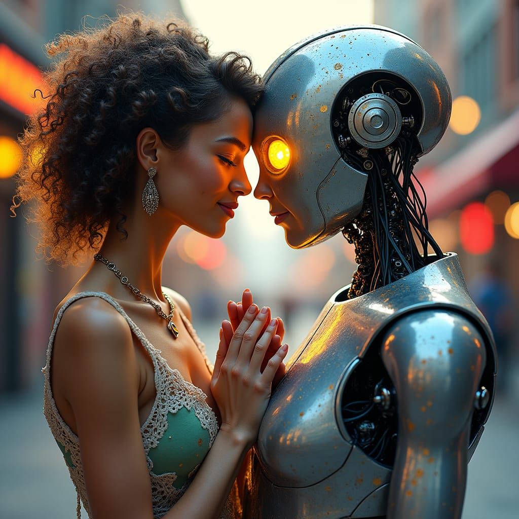 Woman and Robot Share a Moment in Urban Art Style