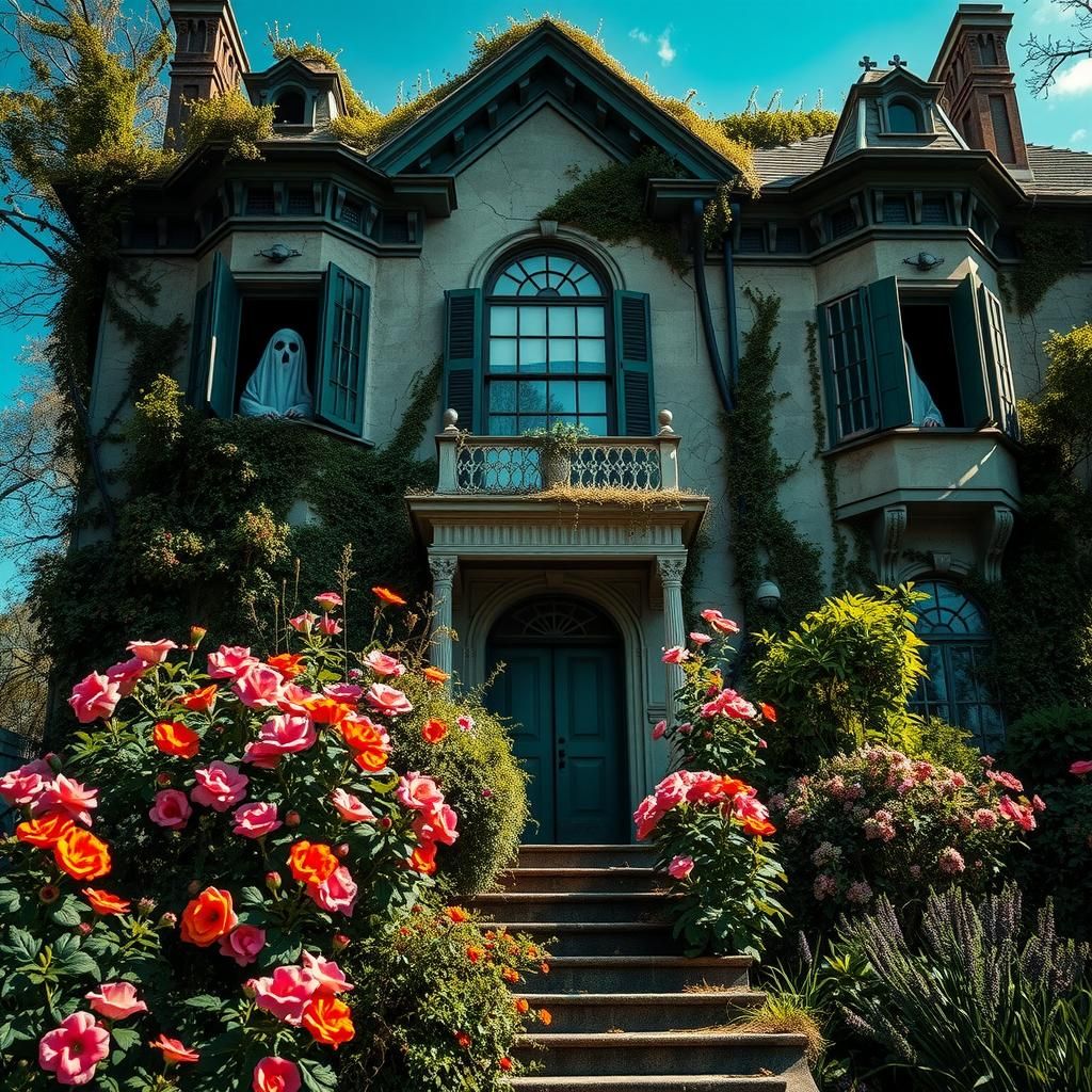 Eerie Haunted Mansion with Vibrant Flowers