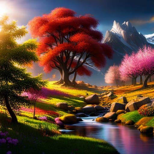 Surreal Spring Flowers and Autumn Trees Matte Painting