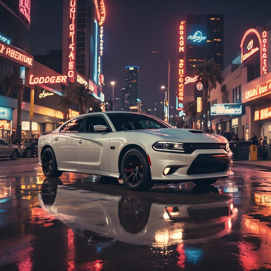 Sleek Dodge Charger Hellcat in Neon City, Cinematic Style