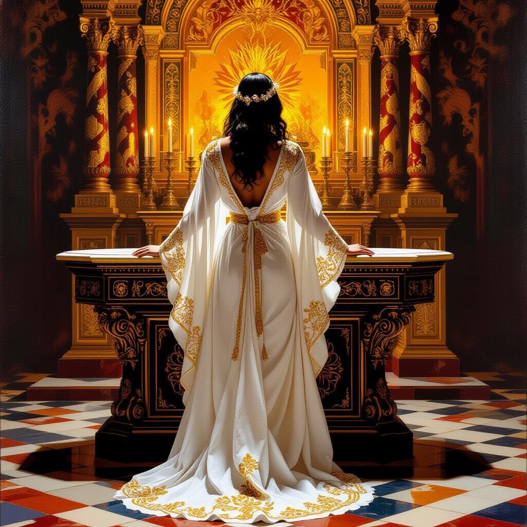Woman in White Robe: Baroque-Style Temple Scene