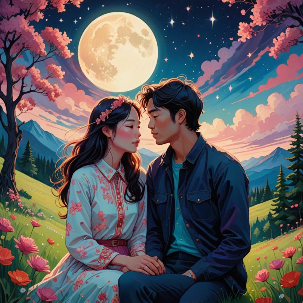 Romantic College Couple Under Starry Sky with Flying Hearts