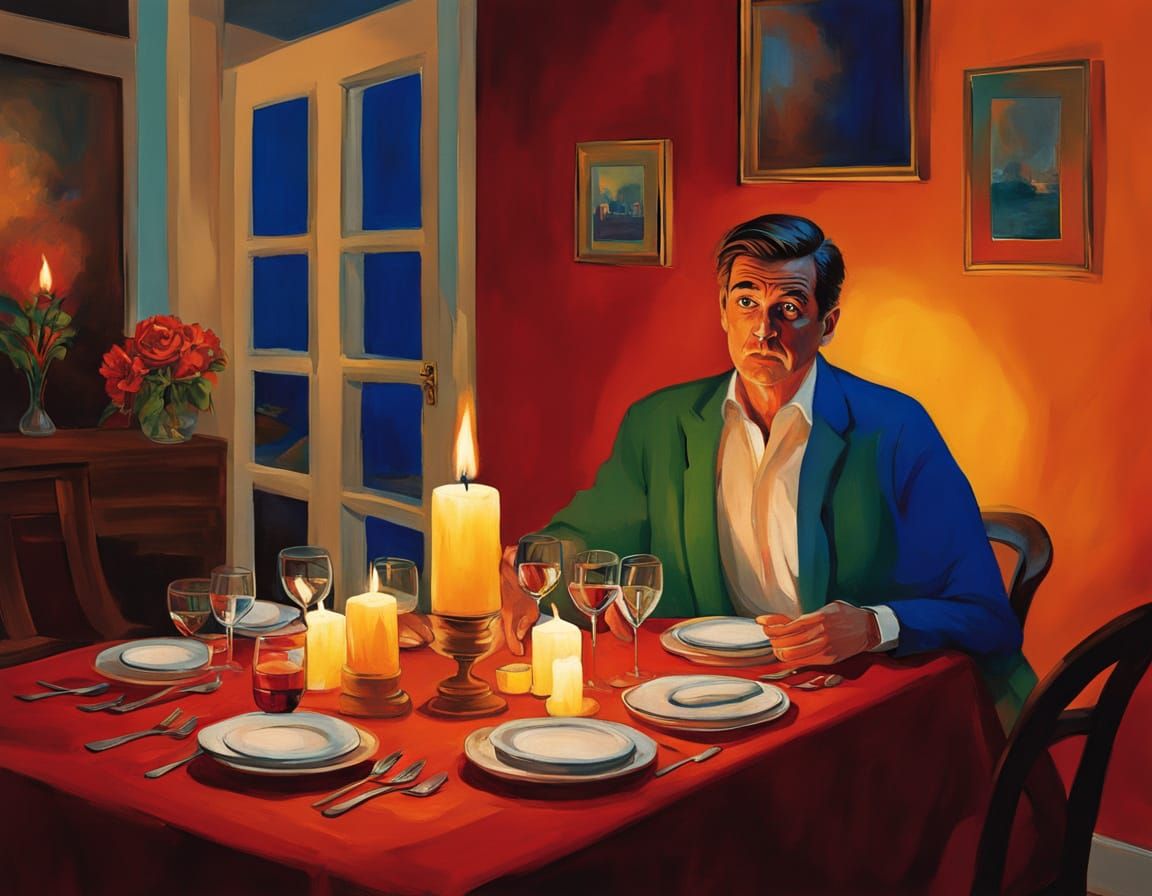 Elegant Host Surprised by Uninvited Guest in Cozy Dining Roo...