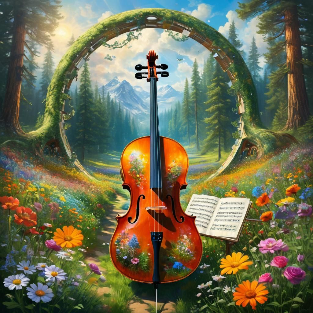 Cello Portal to a Meadow-Forest in Art Nouveau Style