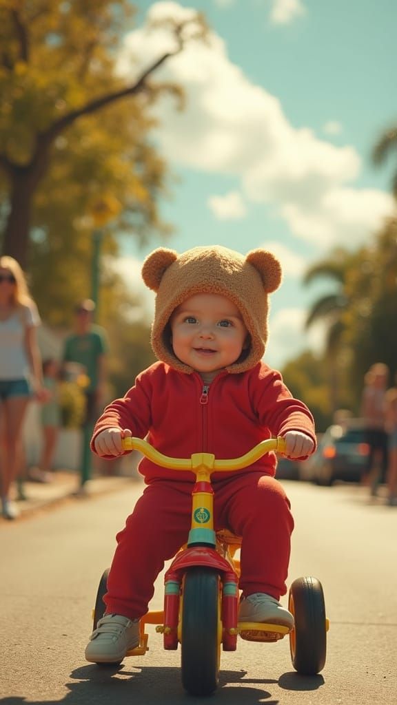 Vibrant Child Rides Tricycle Along Sunny Street in Whimsical...