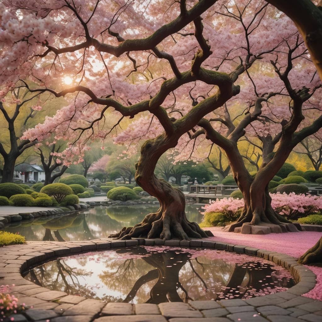 Sakura Tree in Golden Hour: Serene Landscape Photography