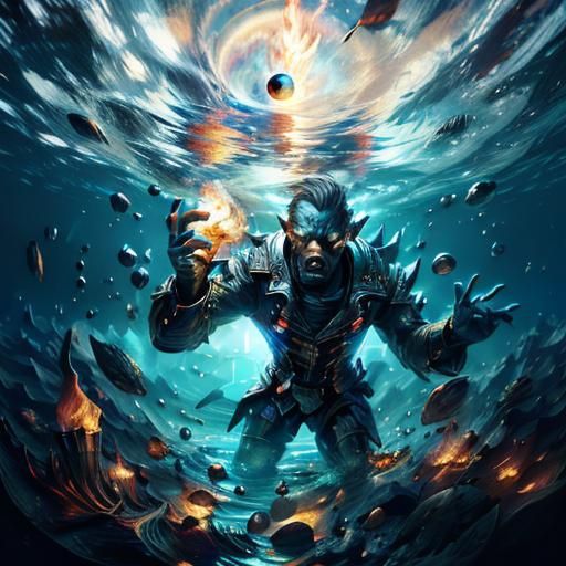 Man Holding Fireball Under Water Reflection