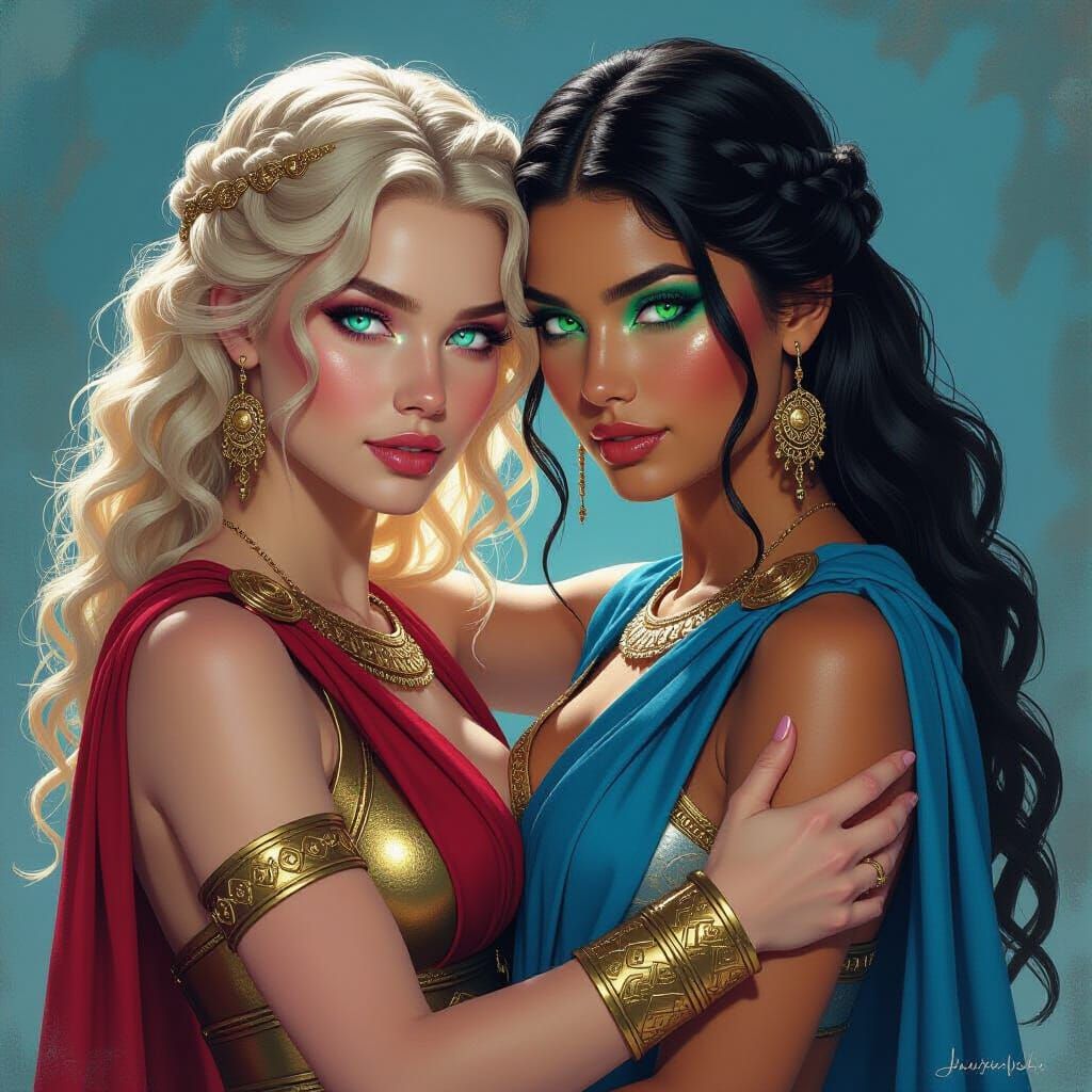 Warrior Goddesses Embrace in Vibrant Greek Style