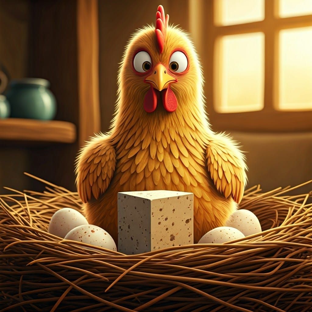 Cartoon Chicken Finds a Cube in Nest