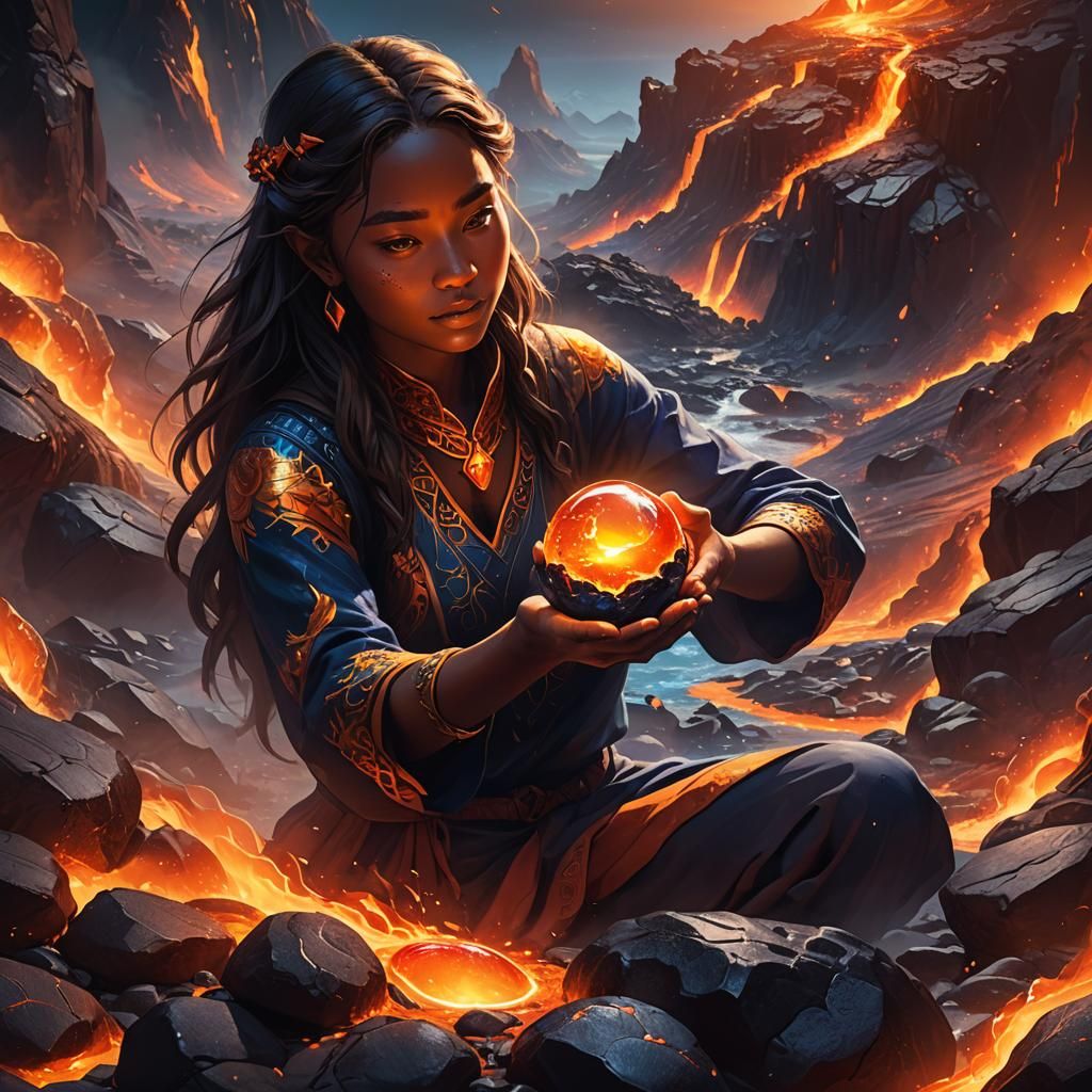 Woman with Healing Stone in Volcanic Landscape