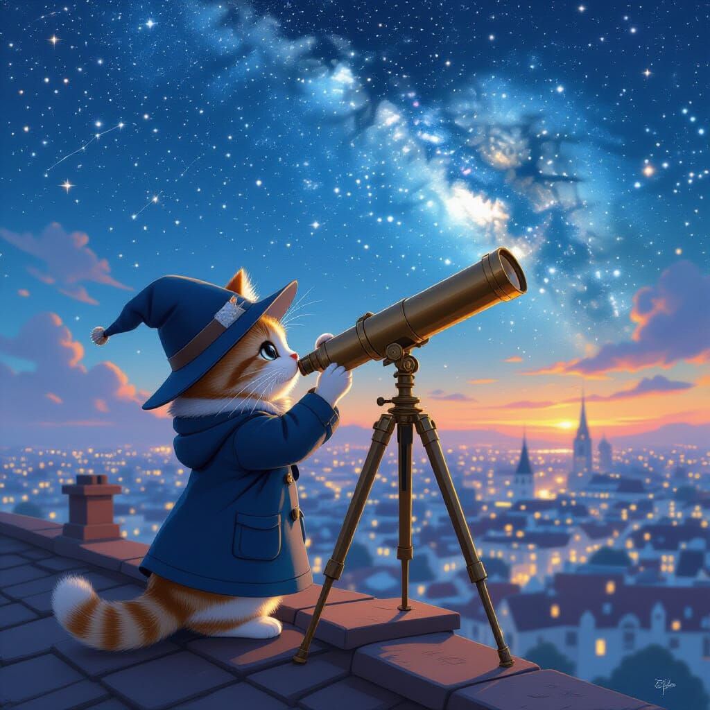 Anthropomorphic Cat Astronomer in Ghibli Style